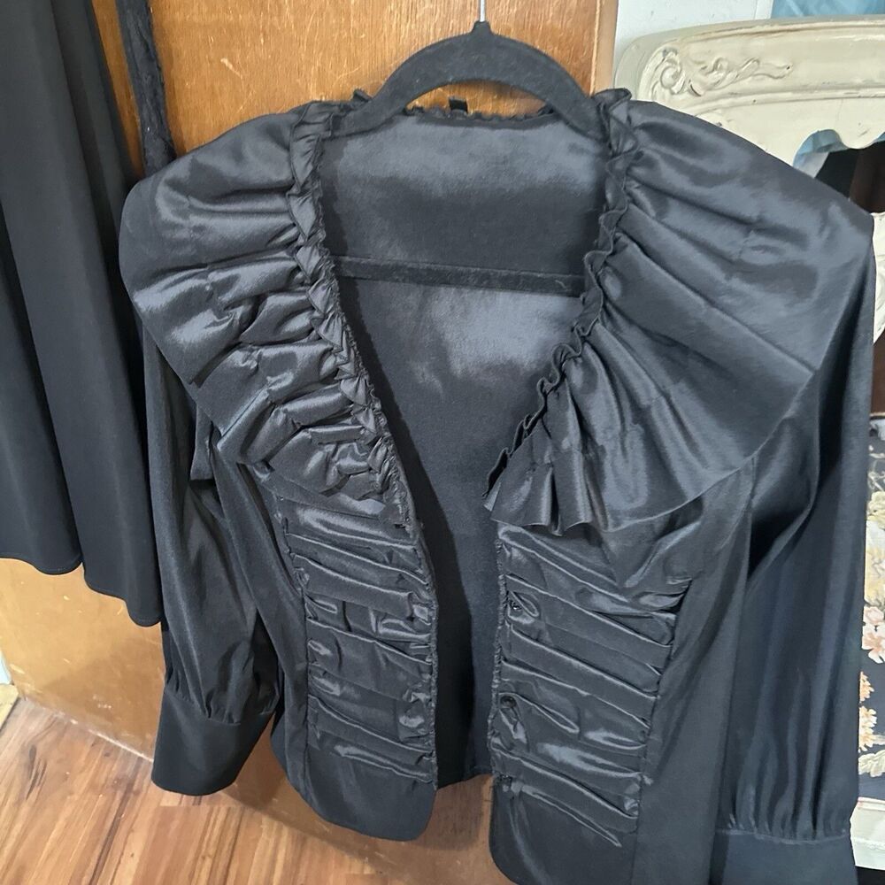Samuel Dong Black Ruffle Portrait Collar Evening Jacket Pleated Taffeta Large